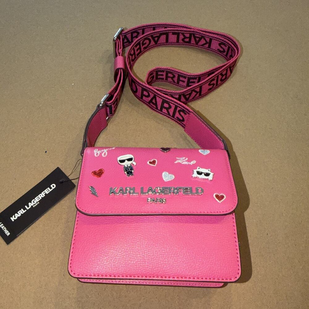 Karl Lagerfeld Paris Annette Crossbody Body Leather Fuschia With Large Strap